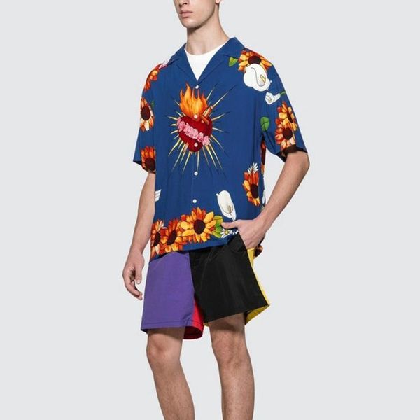 

20fw plieasurees t-shirt heart flowers hawaii style tee short sleeve summer men women couple breathable buttons street yellow blue hfhltx081, White;black