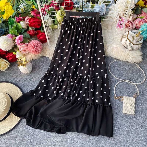 

2020 polka dot long skirts women summer elastic high waist faldas saia black/green/red patchwork a-line vintage skirt for female