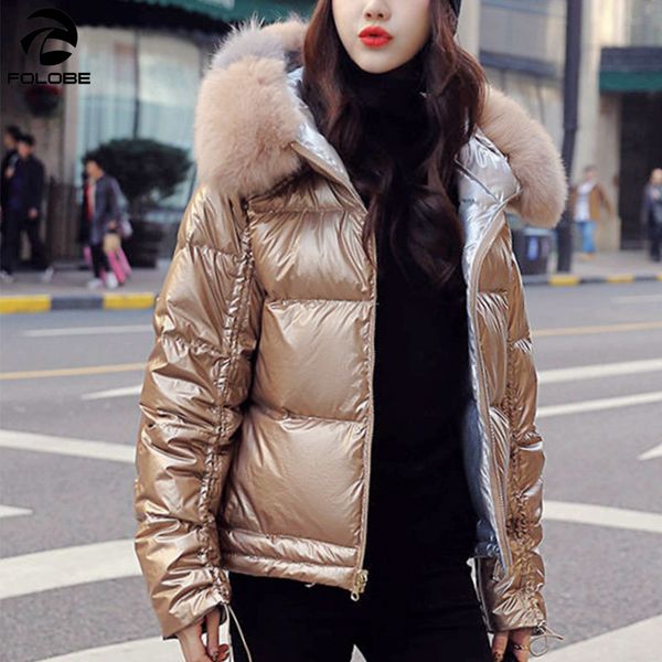 

shiny winter down short jacket women hooded fake fur collar parkas cropped coat female fashion women's thick warm ladies parka, Black