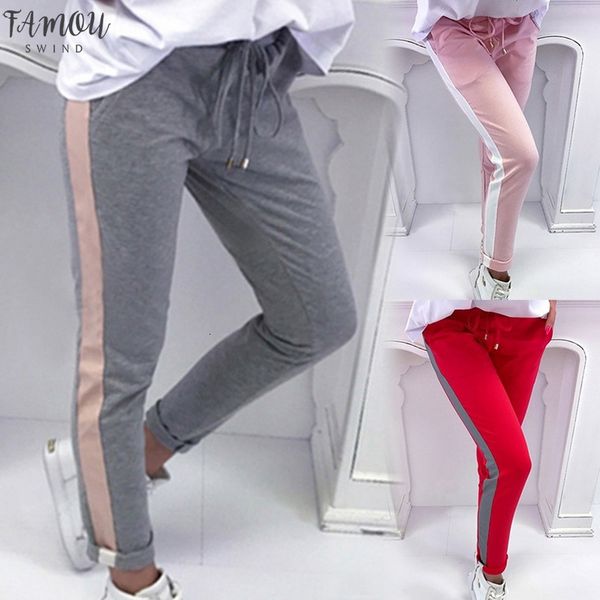 

waist drawstring side striped trim palazzo sweatpants women casual exercise long pants female plus size pencil pants, Black;white