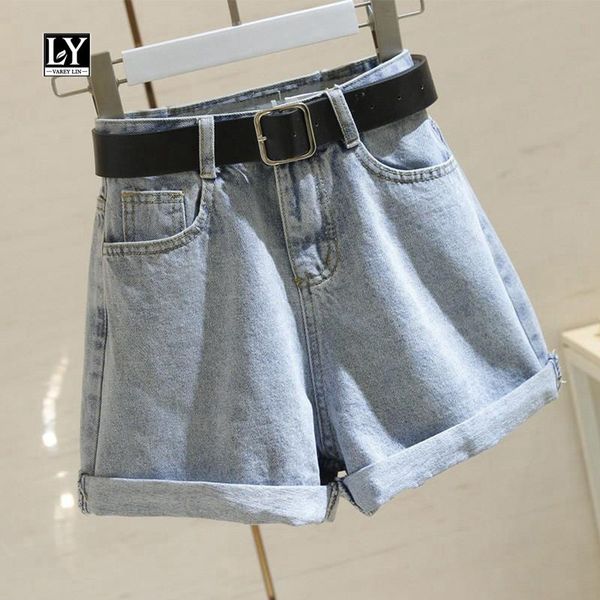 

women's shorts ly varey lin 2021 summer women denim wide leg high waist pockets with belt casual blue white ladies loose, White;black