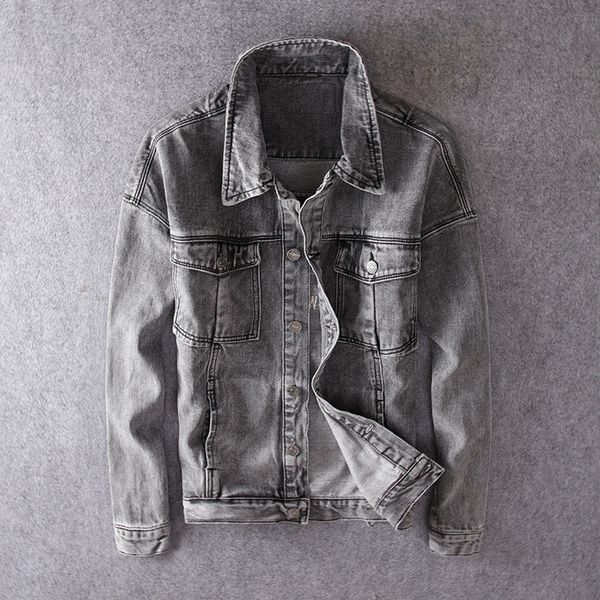 

fashion streetwear men jacket stamping designer spliced hip hop denim jackets men punk coats gray color vintage jacket homme, Black;brown
