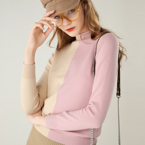 

women's sweater winter 2019 patchwork turtleneck pullovers women soft long sleeve sweater wool knitted bottoming outwear, White;black