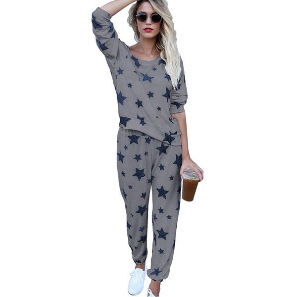 

women 2 piece set and pants spring woman tracksuit stars printed homewear sportwear sweat suits women two piece outfits breathable, Gray