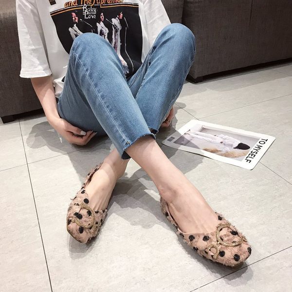 

korean-style polka dot cloth man-made diamond metal buckle square head low-cut soft bottom flat shoes four seasons shoes boa, Black