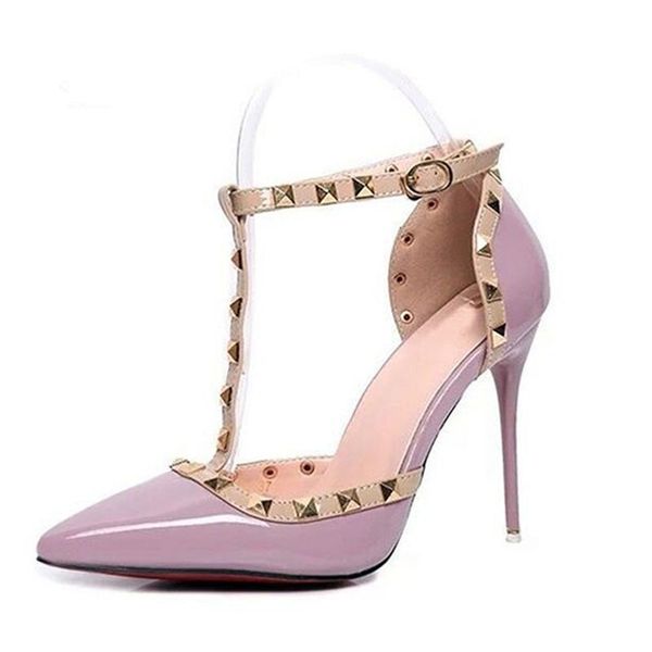 

qsr 10cm pumps 2020 women's shoes summer fashion female sandals rivet metal decoration pu leather style women high heels, Black