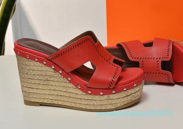 

red black brown color slippers for ladies fashion luxury thick bottom straw plaiting real leather slipsole sandals s01