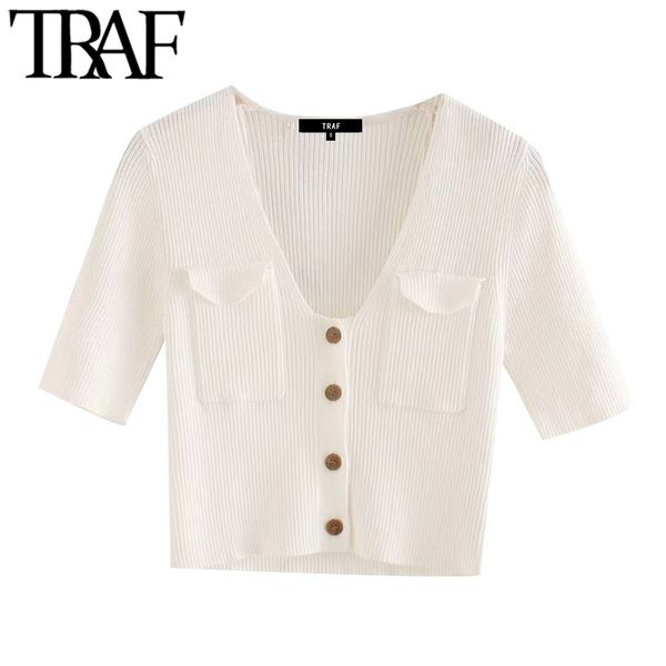 

traf women fashion pockets button-up knitted cropped blouses vintage v neck short sleeve female shirts blusas chic, White