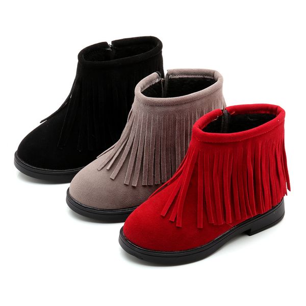 

2019 new winter children shoes genuine leather martin boots kids snow boots girls rubber tassels fashion sneakers b222, Black;grey