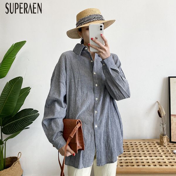 

superaen 2020 spring new korean style women's shirts cotton wild casual fashion ladies blouses and stripes long-sleeved, White