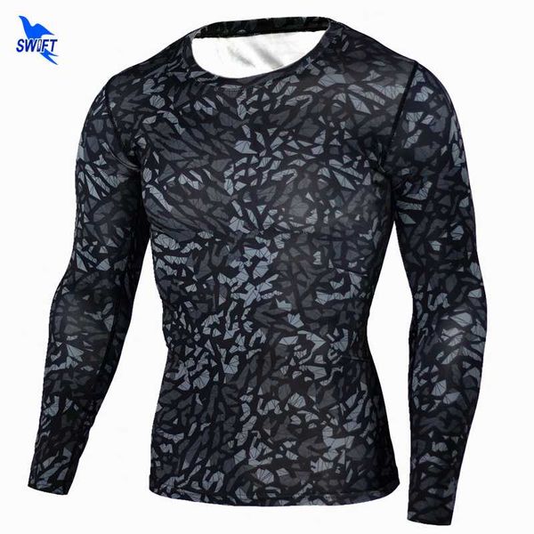 

new camouflage t-shirt bodybuilding tights fitness men's quick dry camo long sleeve t shirts crossfit compression shirt, Black;blue