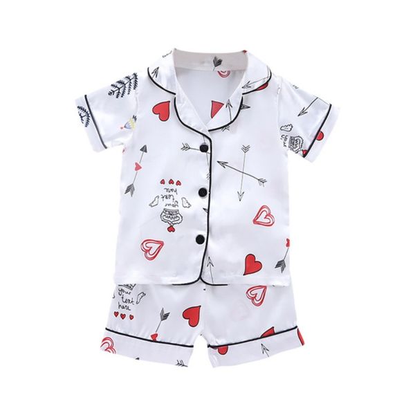 

pajamas short sleeve child blouse +shorts sleepwear kids clothes baby pajama sets boys girls cartoonheart shape print outfit8, Blue;red