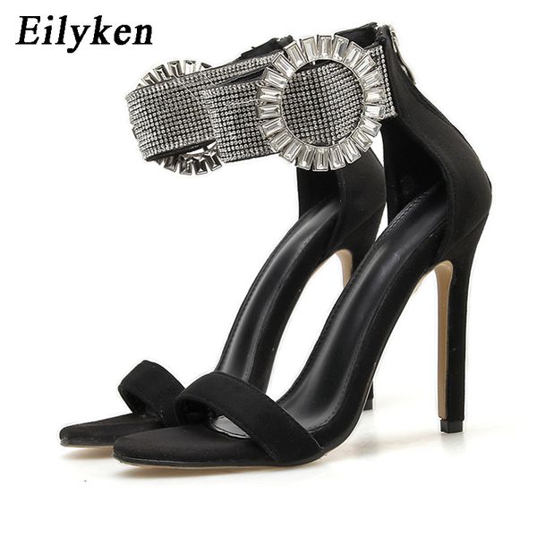 

bling rhinestone buckle strap elegant shoes woman sandals summer open toe high heels sandals zip women ladies party shoe, Black