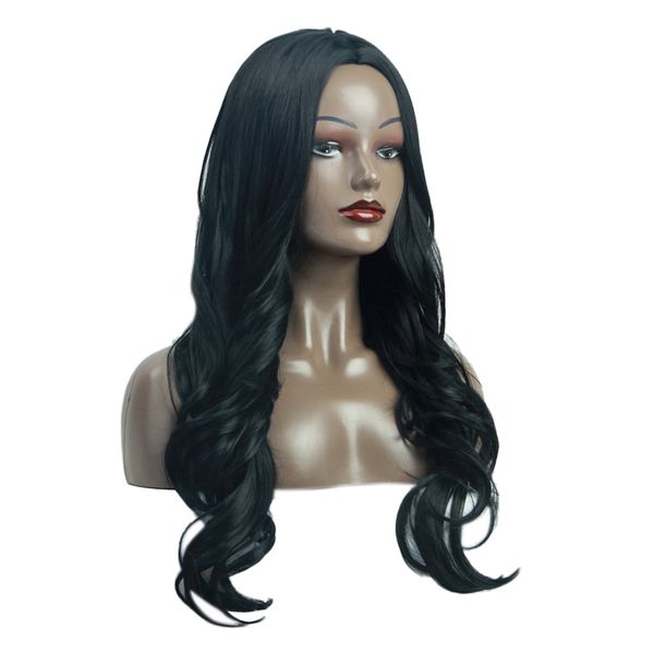 

black 24\" soft synthetic hair long wavy curly wig side parting for women