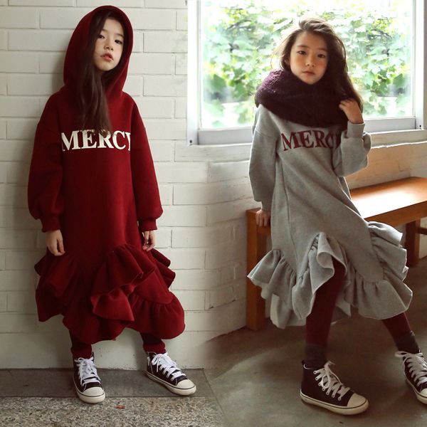 

new fall winter girl dresses long sleeve hooded dress for teens casual letter print kids clothes ruffles princess dress ca493, Red;yellow