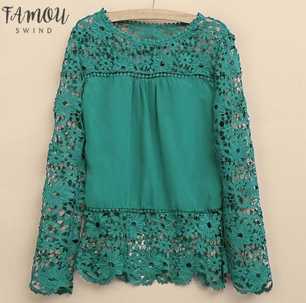 

плюс размер 4xl 5xl 2020 новая весна осень женщины с длинными рукавами шифоновая цветочная блузка полый цветок кружевная блузка рубашка крюч, White