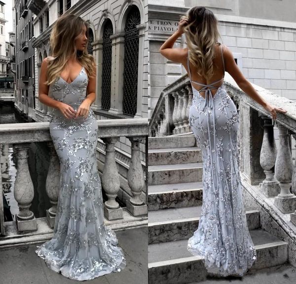 

2019 new spaghetti straps sequined lace mermaid prom dresses long backless criss cross floor length formal party evening gowns, Black