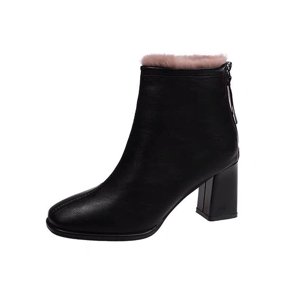 

women's boots with thick heels, british style, new square head, high heels, short boots and plush boots, delivery, Black