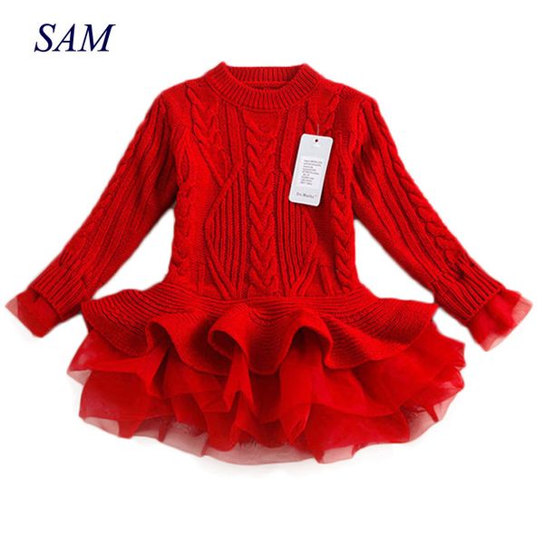 

thick warm girl dress 2018 christmas wedding party dress knitted chiffon winter kids girls clothes children clothing girl dress t200624, Red;yellow
