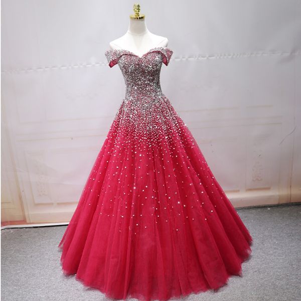 

off-the-shoulder sparkly prom dresses a-line crystals beading long red prom dresses with sleeves lace up back petite evening gowns, Black