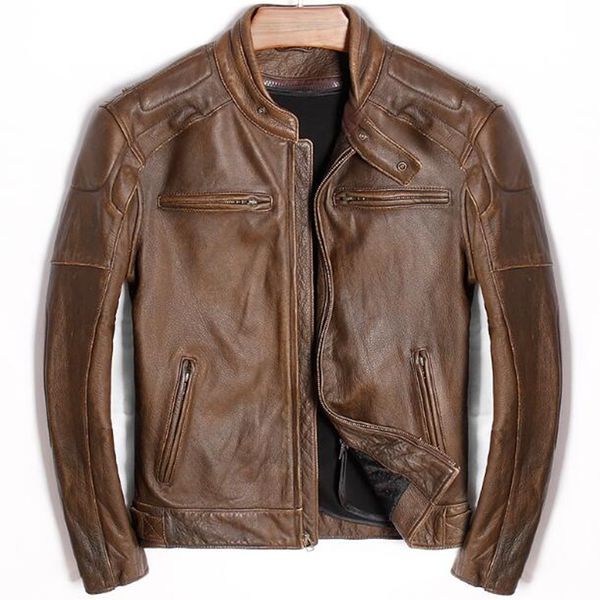 

winter cow genuine mens leather jacket motorcycle stand collar vintage classic zipper real leather coat slim brown biker jacket, Black