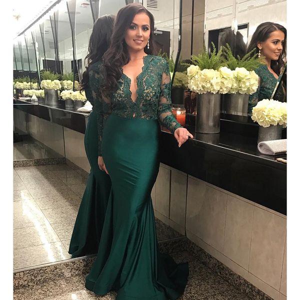 

long sleeve arabic evening dress dark green lace elastic satin floor length mermaid prom gowns 2019 custom made long women dress, White;black