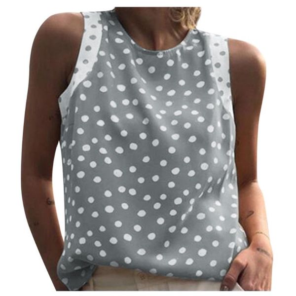 

women's blouse summer fashion casual loose round neck polka dot printed sleeveless feminine women high quality, White
