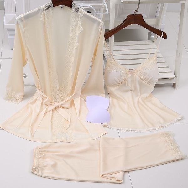 

ladies silk satin pajama set lace sleepwear set fashion home clothing v-neck nightwear bathrobe+pant 3 pieces for women, Black;red