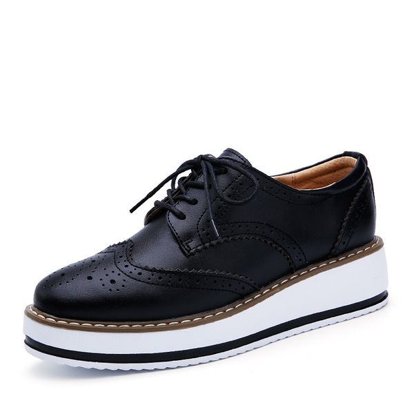 

2019 spring autumn women platform shoes woman brogue patent leather flats lace up footwear female flat oxford shoes for women, Black