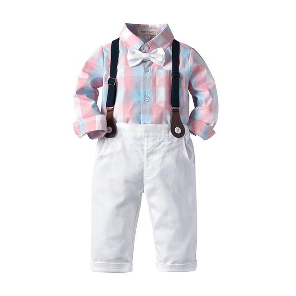 

children's clothing kid's long-sleeved shirt + casual pants + suspenders boy gentleman clothes baby holiday clothes two-piece suit, White