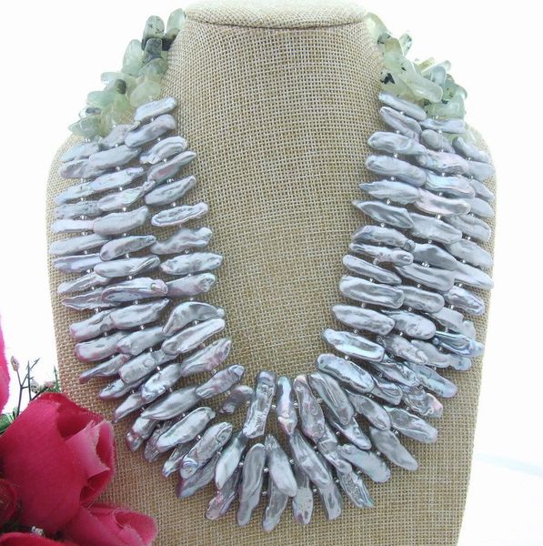 

women's 18" 3strands biwa pearl&prehite necklace, Silver