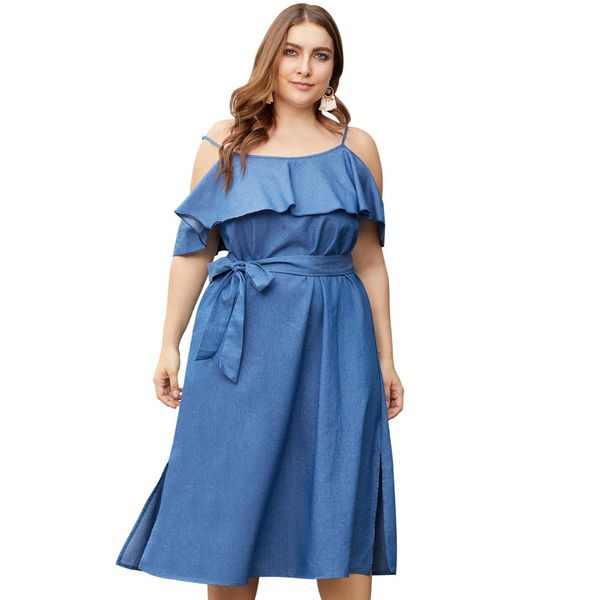 

europe and the united states brief ruffled strapless straps waist split fork large size short sleeve women's sling denim dress, White