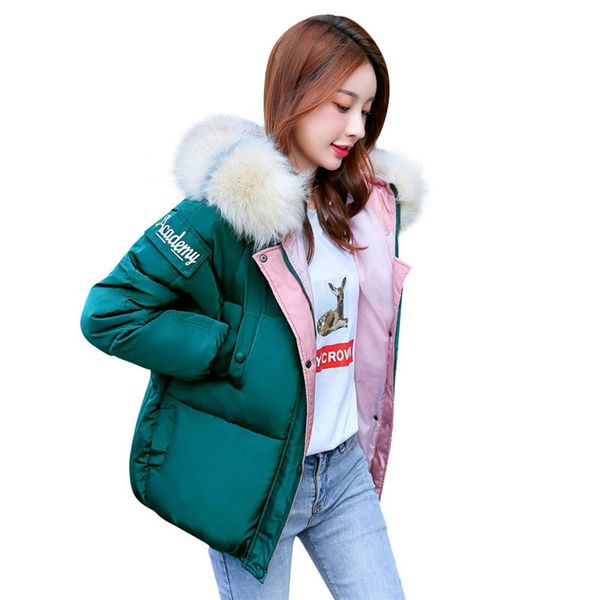 

short hooded fur collar winter down coat jacket thick warm women wadded parkas outwear cotton padded jacket big pocket, Black