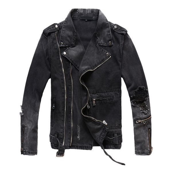 

hi street mens ripped hole denim jackets with multi zippers streetwear distressed outerwear motorcycle biker jeans black jacket, Black;brown