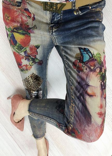 

pattern capris jeans british style females pencil pants summer women designer jeans skinny leopard print pretty girl, Blue