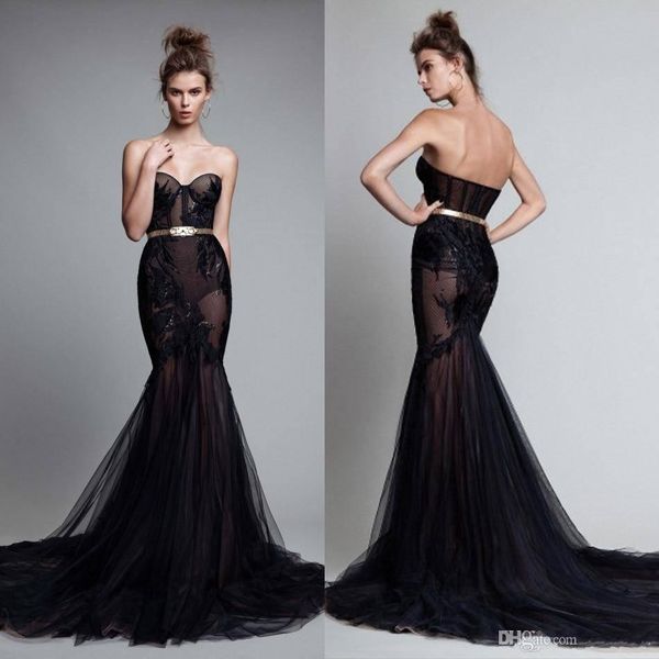 

berta 2019 mermaid prom dresses lace applique illusion beaded sweetheart evening gowns customized plus size special occasion dress, Black