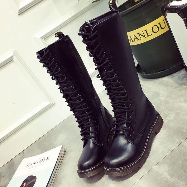 

genuine leather women winter long boots knee lace up low heel flats boots 2018 new fashion flat big size plus size 34-39, Black
