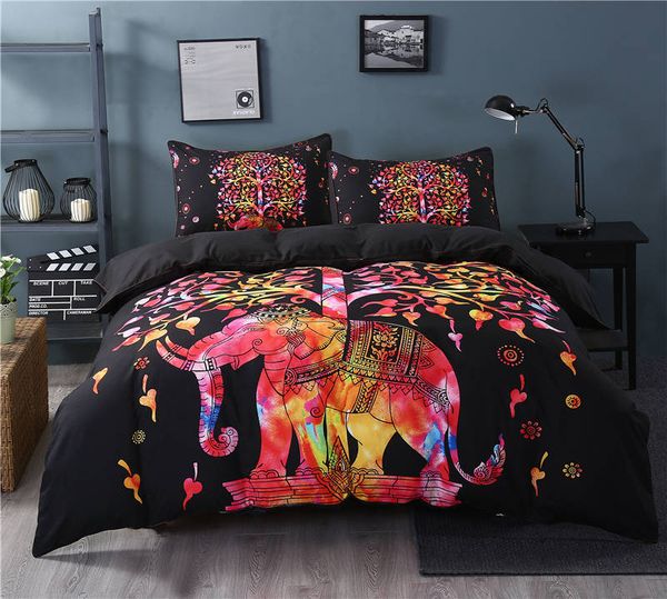 Black Bedding Set Colorful Bohemian Print Duvet Cover And