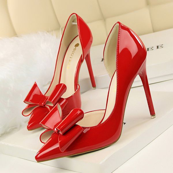 

sweet high heel stiletto shallow mouth pointed hollow patent leather bow women shoes wedding shoes womens heels, Black