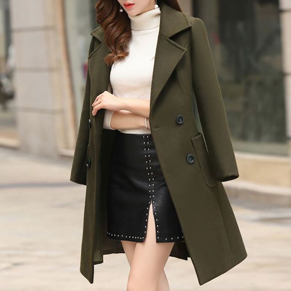 

2019 casual woolen outwear solid overcoat women long sleeve turn-down collar jacket autumn winter wool blend coat, Black