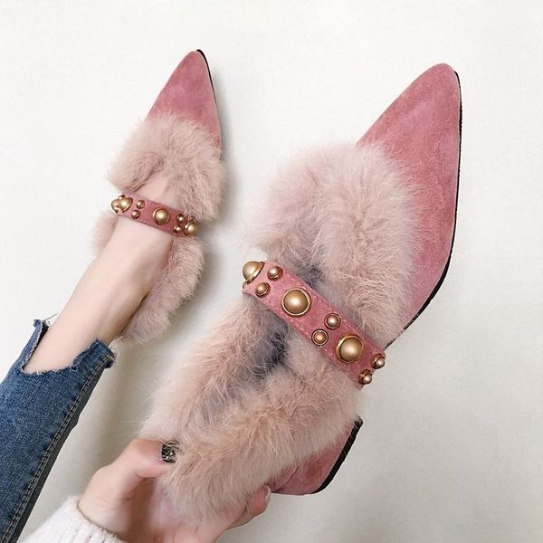 

pointed fur shoes new autumn and winter thick with velvet wear peas shoes warm fashion women's, Black