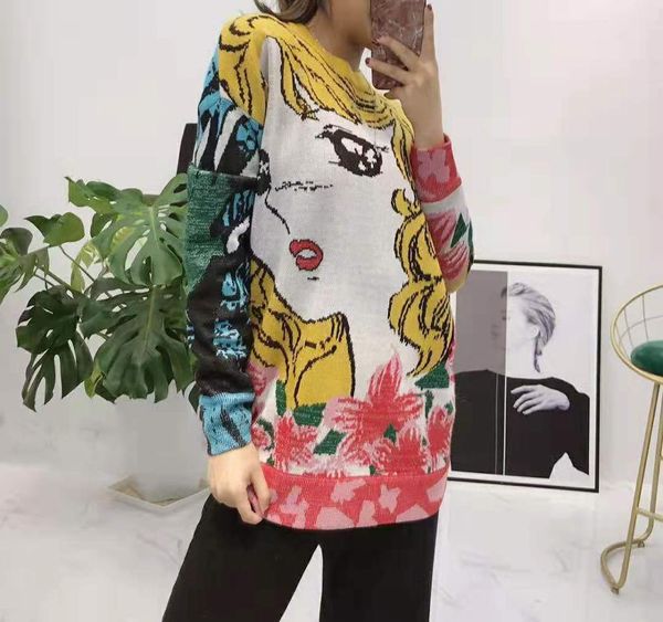 

2019 loose beautiful jacquard round neck long-sleeved sweaters pullover long sleeve, White;black