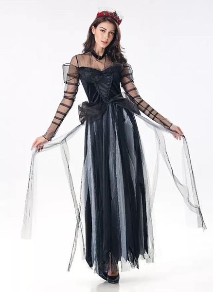 

women halloween dark princess corpse bride ghost costume evil queen cosplay black long overlay mesh tulle dress for ladies, Black;red