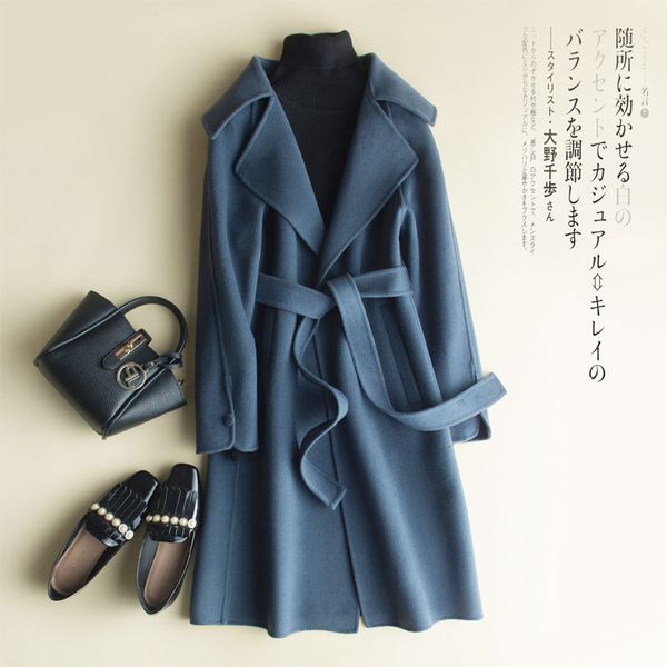 

2019 autumn and winter new 100% water ripple double-sided wool woolen coat ladies long section with a waist cashmere jacket, Black