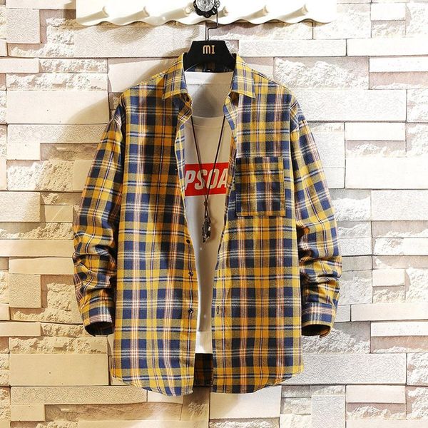 

2019 personality korean version of the trend of color matching slim fit plaid shirt men casual hip hop loose long-sleeved shirts, White;black
