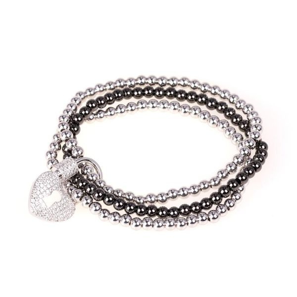 

4mm copper beads silver/black bracelet set cz micro pave lock love heart oval screw clasp bracelet jewelry gift carabiner clasps