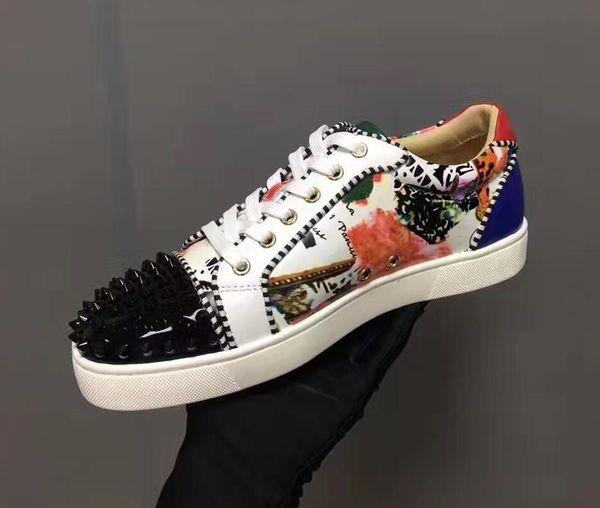 

2017 spring new mens casual shoes red bottom white leather flats shoes luxury spikes fashion sneakers leisure footwear size 38-44, Black