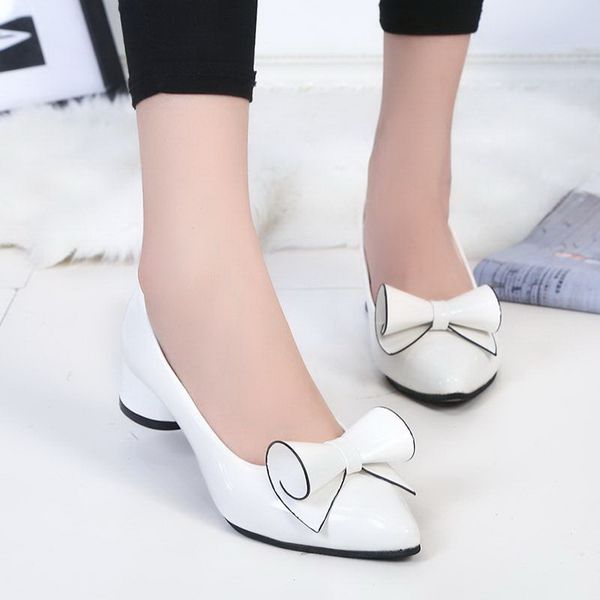 

low heel shoes spring leather pointed toe shoes woman high red bow slip on dress shoes ladies boat, Black