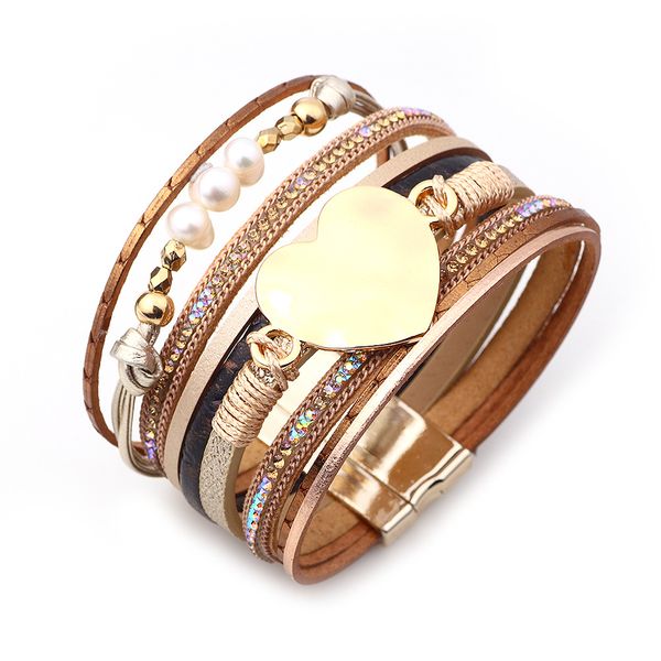 

new heart charm leather bracelets for women fashion heart charm pearl boho multi layer wrap bracelet female jewelry, Golden;silver