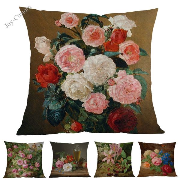 

oil painting style european retro rose flower vintage floral elegant throw pillow case home decorative sofa cushion cover